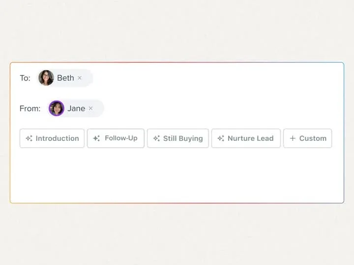 Follow Up Boss message composer addressed to Beth from Jane, with AI draft buttons labeled Introduction, Follow-Up, Still Buying, Nurture Lead, and Custom.