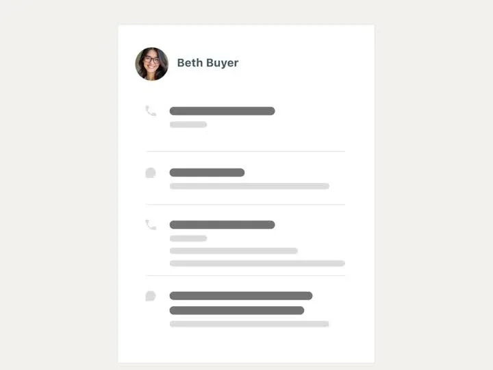 Illustrated Follow Up Boss contact card for Beth Buyer showing a stacked list of call and text activity entries, with placeholder bars in place of text.